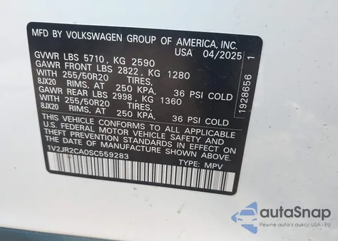 2025 Volkswagen Atlas 2.0T Se W/Technology из США, поврежденный, VIN 1V2JR2CA0SC559283